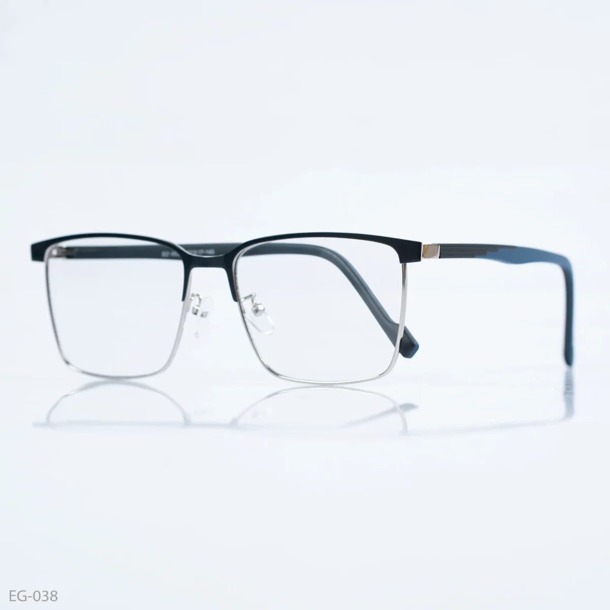 EG-038 - Classic Two-Tone Black & Silver Half-Rim Eyeglasses With Blue Temple