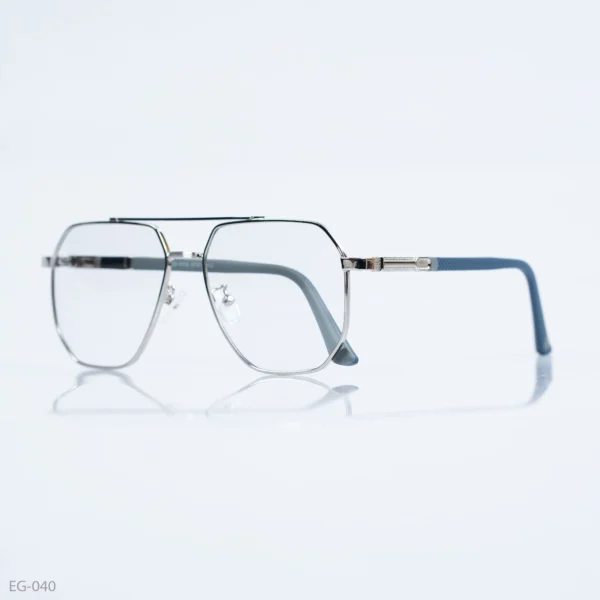 EG-040 - Contemporary Double Bridge Silver Frame Geometric Eyeglasses With Blue Temple