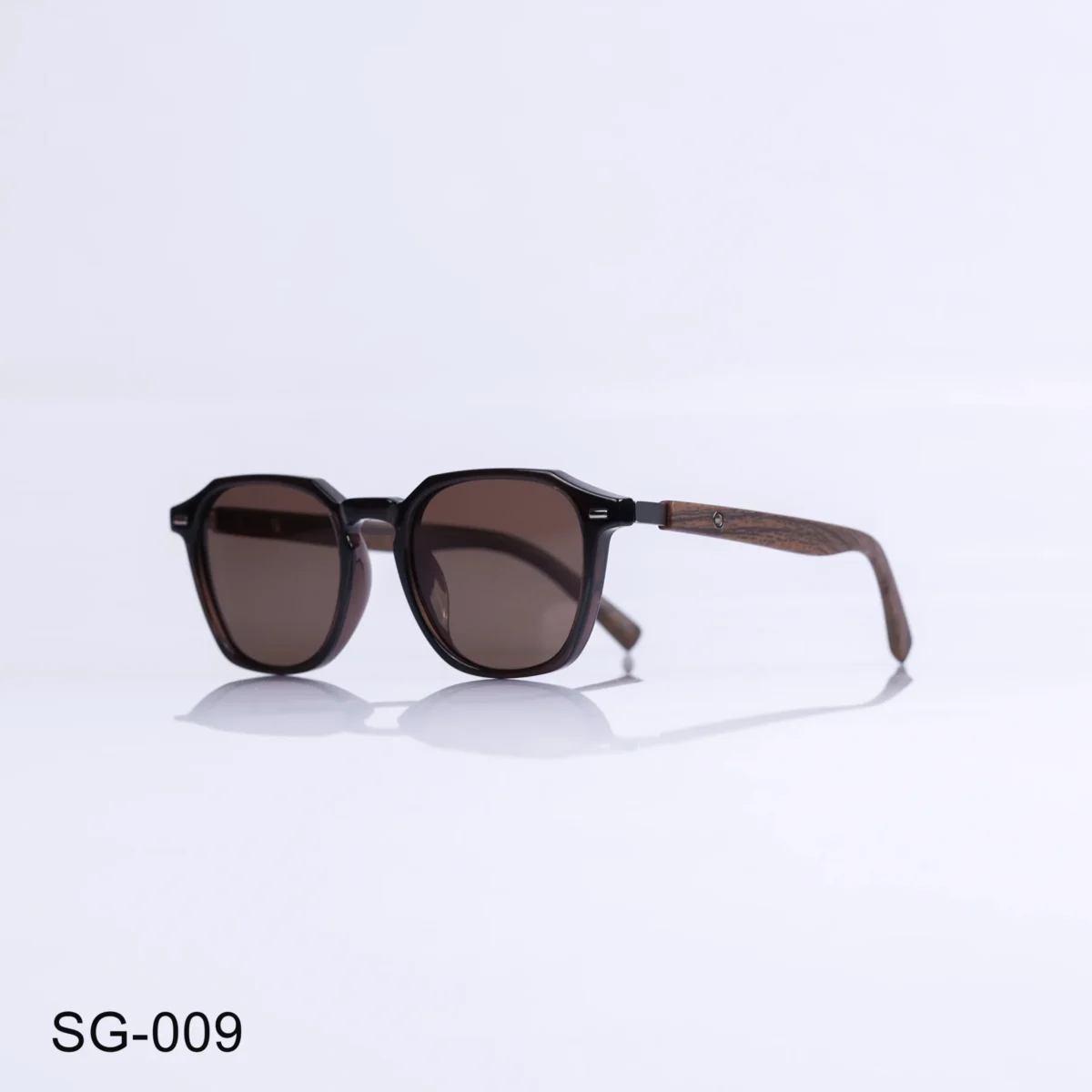 SG-009 - Retro Look Glossy Brown Sunglasses with Wooden Temples
