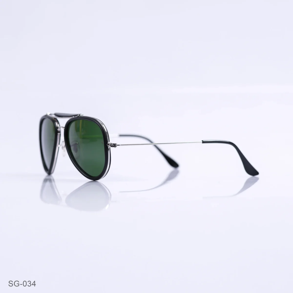 SG-034 - Classic Black & Silver Metal Frame Green Lens Double Bridge Aviator Sunglasses