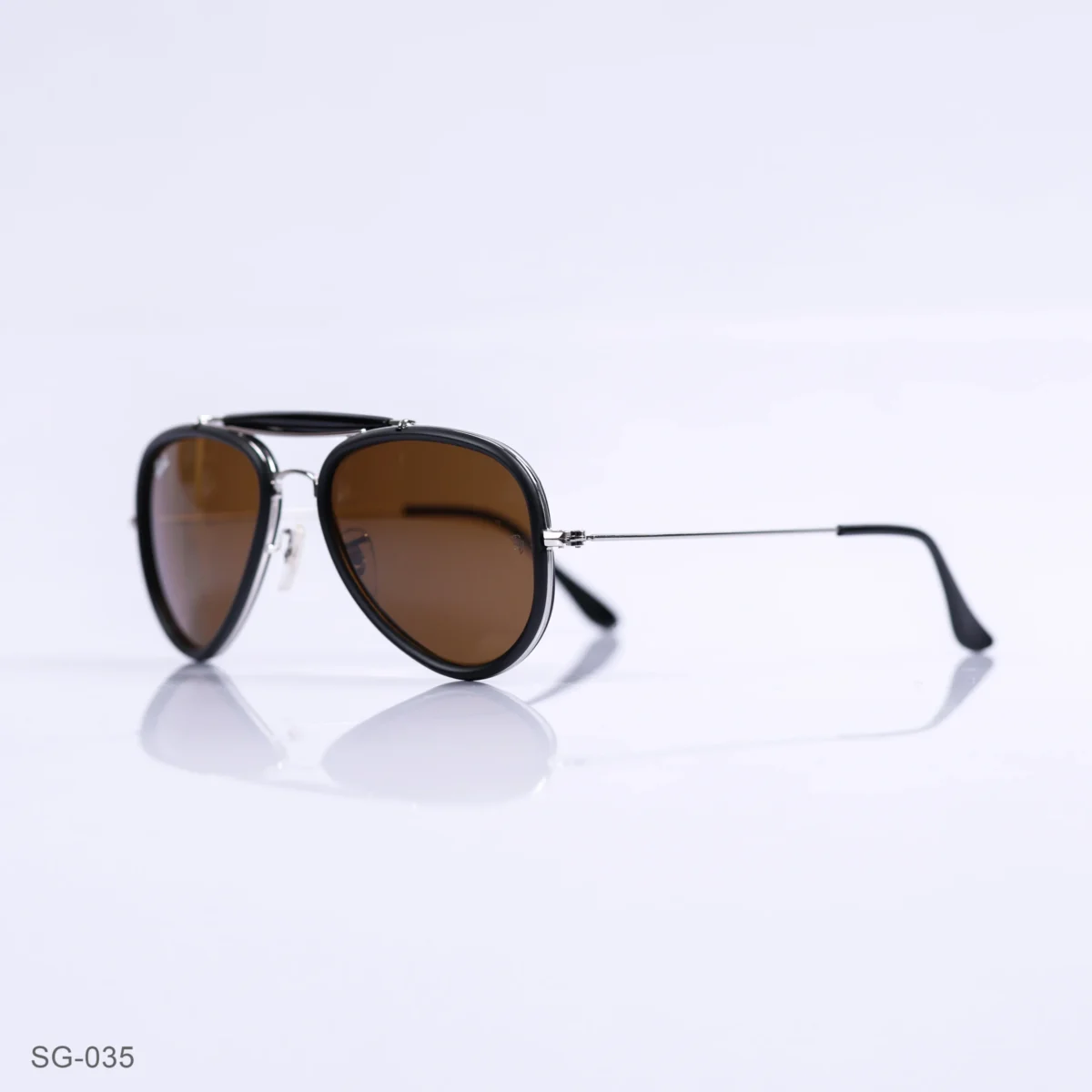 SG-035 - Classic Black & Silver Metal Frame Brown Lens Double Bridge Aviator Sunglasses