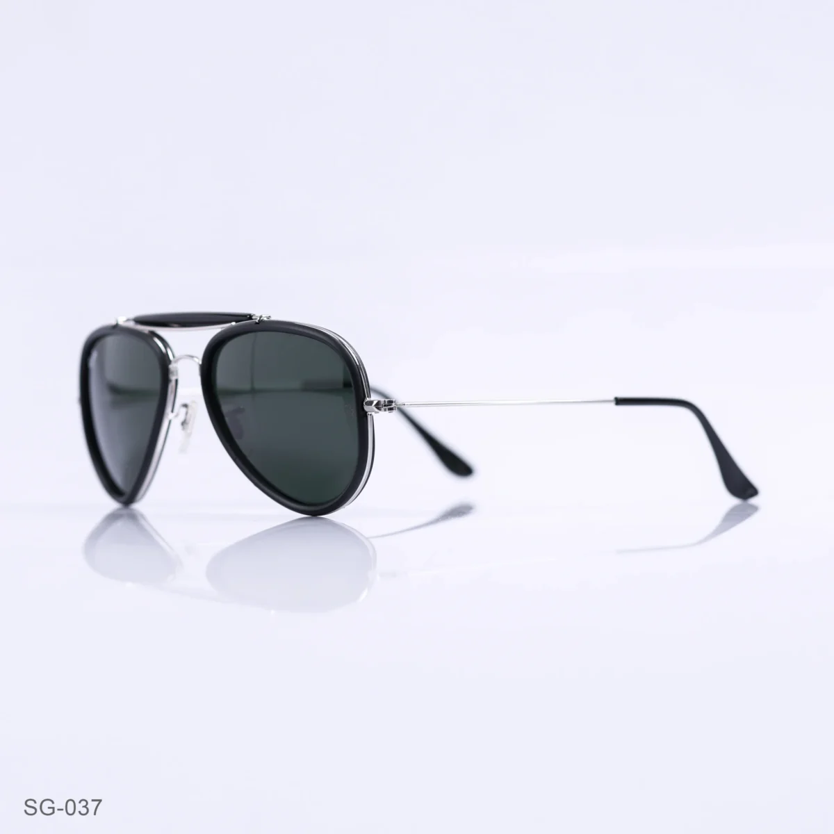 SG-037 - Classic Black & Silver Metal Frame Green Lens Double Bridge Aviator Sunglasses